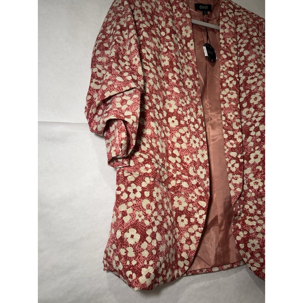 ODDI Floral Open Front Blazer Jacket Red White Pink Ruched 3/4 Sleeve Sz Small - Picture 5 of 11